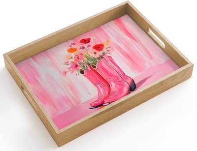 Dienblad hout 40x30 cm - Schootdienblad - Roze - Bloemen - Cowboy - Borrelplank rechthoek - Plateau dienbladen
