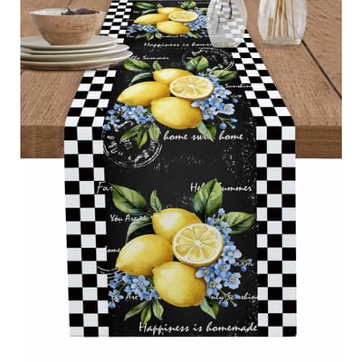 Chemin de table en lin motif carreaux citron noir et blanc pour la maison, la cuisine, la table à manger, la décoration de fête 150x33cm
