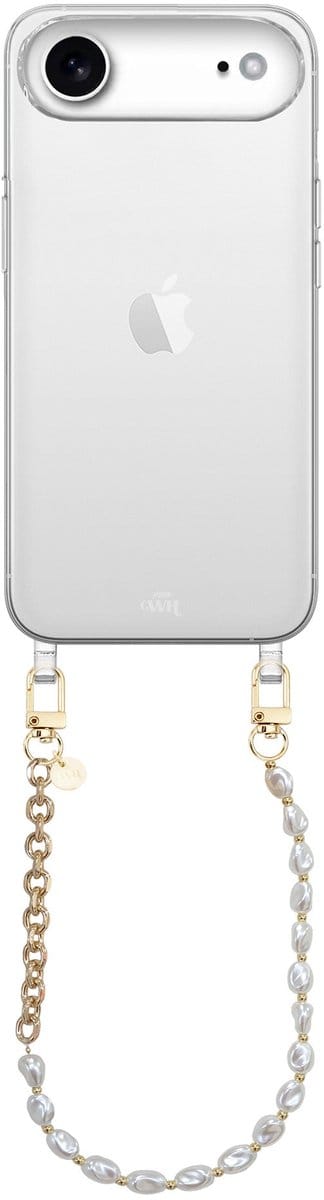 xoxo Wildhearts siliconen hoesje - Geschikt voor iPhone 17 Air hoesje - Over The Moon - Telefoonhoesje - Hoesje met koord - Parelketting / Gouden schakelketting - kort telefoonkoord - Transparant hoesje (korte variant)