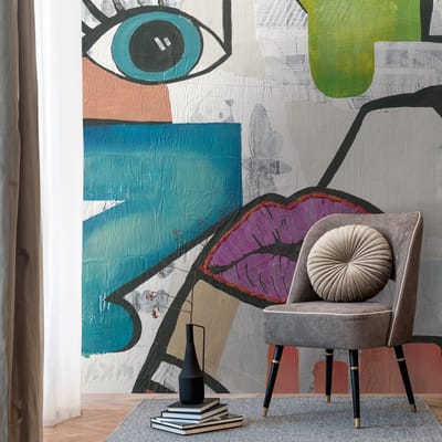 Fotobehang Profhome 398881-GU vliesbehang hardvinyl warmdruk in reliëf glad graffiti mat blauw paars groen grijs 2,12 m x 2,8 m