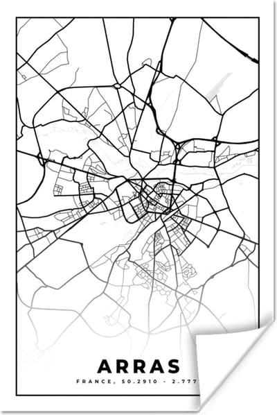 Poster Arras - Stadskaart – Frankrijk – Kaart – Plattegrond - Zwart wit - 120x180 cm XXL