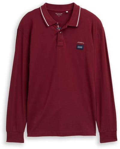 Tom Tailor - Piqué poloshirt met lange mouwen en logoprint - Maat S - Cabarnet Bordeaux Red