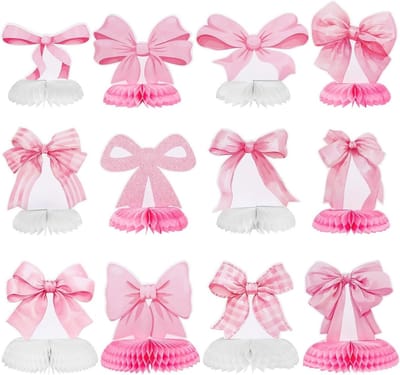 12 Stuks Roze Strikken Honeycomb Tafeldecoraties voor Feestjes en Verjaardagen, Coquette Thema Versieringen, Perfect voor Tafelsetting en Decoratie