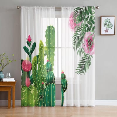Cactus Tropische Bloem Bladeren Transparante Gordijnen voor Woonkamer Decoratie Raamgordijnen voor Keuken Tule Voile Organza Gordijnen W135 x H115cm x1 white