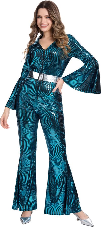 Joya Party® Disco Jumpsuit Dames | Metallic Blauwe ABBA Jaren 70 Outfit met Zilveren Riem | Disco Pak Vrouwen Super Trooper Stijl | Verkleedpak Vrouw | Verkleed Pak Vrouwen | Carnaval & Themafeest | Maat S/M