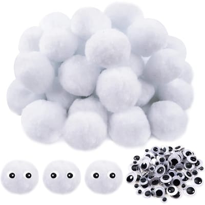 Dailygoods- Pompons 50 stuks - Grote Pluizige Pompons 50 mm - Wiebelogen 100 stuks - Knutselmateriaal voor Kinderen - Decoraties - Doe-het-zelf Ambachten