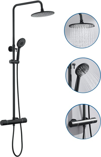 Auralum MAX Regendouche met Thermostaatkraan - Doucheset Zwart - Regendoucheset - Verstelbare Hoogte 84-121 cm - 9 inch Douchekop