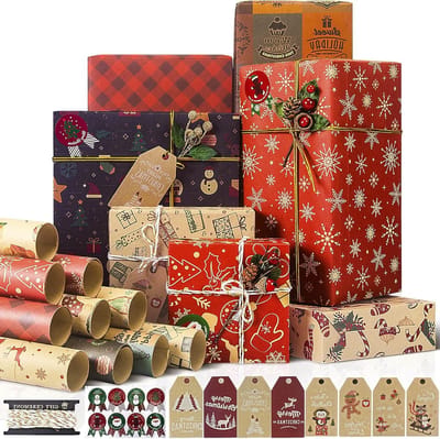 Kerstcadeaupapierset met 10 vellen kerstpapier, cadeauhangers en stickers, ideaal voor feestelijke geschenken en versieringen (70 x 50 cm)