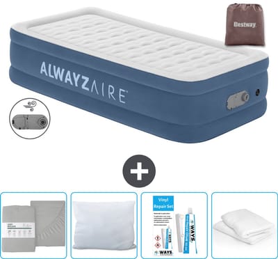 Bestway Alwayszair luchtbed - 1-Persoons - 97 x 191 x 46 cm - Blauw - Inclusief pomp - Hoeslaken - Kussen - Kussenbeschermer en Reparatieset