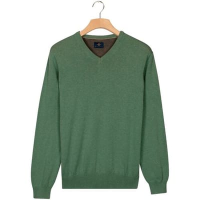 Baileys Trui Uni Color Cotton V-Neck Single Knit Dark Forest / male