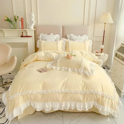Elegante Kanten Beddengoed Sets Luxe Beddengoed Prinses Gewassen Katoen Ruches Dekbedovertrek Hoeslaken en Kussenslopen voor Meisje Luxe 150x200cm 4pcs geel