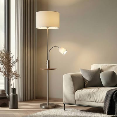 Lindby - vloerlamp - 1licht - IJzer, textiel, grenenhout - H: 170 cm - E27 - nikkel satijn, crèmewit, licht hout