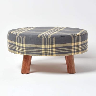 Hoge Ronde Voetenbank met Houten Poten Modern Design 62x62x30 cm Grijs en Geel
