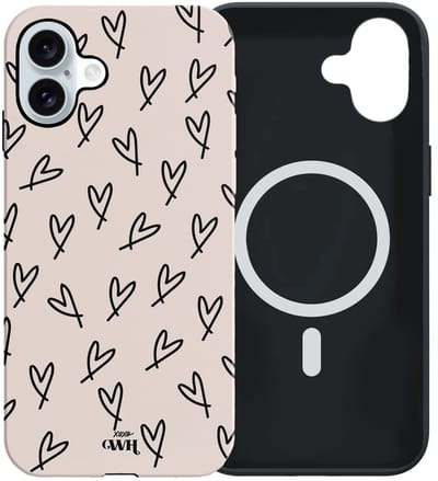 xoxo Wildhearts All Yours - Double Layer - Hoesje geschikt voor iPhone 17 MagSafe case - Siliconen hoesje met hartjesprint - Hartjes - Magnetisch telefoonhoesje - Magneet case - Optimale bescherming - Dubbele beschermlaag - Beige - Zwart