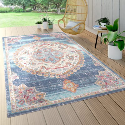 Paco Home Tapijt Voor Binnen En Buiten Terras Keuken Oosters Patroon Randen Blauw Beige 160 cm Rund