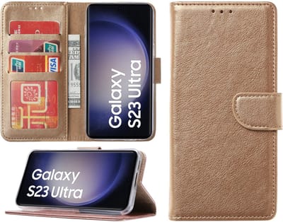 Samsung Galaxy S23 Ultra hoesje - Portemonnee Cover - Bookcase met pasjeshouder - Goud