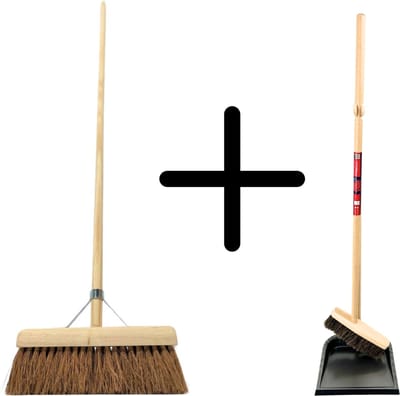 Synx Tools Coco bezem 40cm en Stoffer en blik met lange steel 97 cm - Paardenhaar / zaalveger - Classic - Hout/Metaal