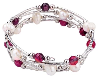 Zoetwaterparel wikkelarmband met edelstenen Wrap Pearl Red Striped Agate - echte parels - agaat - wit - rood - zilver - sieraden zakje