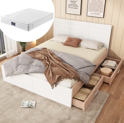 MEUNIQ tweepersoons bedframe 140x200 cm met lattenbodem en 2 lades, bed met opbergruimte voor slaapkamer, wit en licht eiken, matras niet inbegrepen