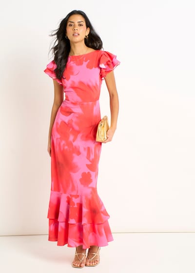 Roze midi-jurk met ruches en bloemenprint in aquarelstijl