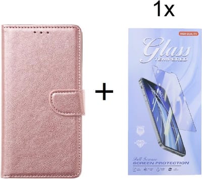 Bookcase Geschikt voor: Motorola Moto G 5G - Rosé Goud - portemonnee hoesje met 1 stuk Glas Screen protector