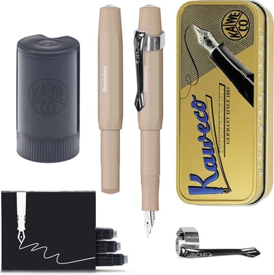 Kaweco - Cadeauset - (5delig) - Vulpen Sport Skyline Macchiato Fountain Pen - Extra Fine - Vintage blikje - Nostalgic Octagonal Clip Chrome - Gevulde Inkt Patronen houder - Doosje Vullingen