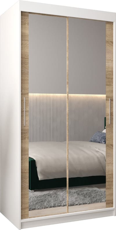 InspireMe - Kledingkast met 2 schuifdeuren, Modern-stijl, Kledingkast met planken (BxHxD): 100x200x62 - TORM III 100 Wit Mat + Sonoma Eik
