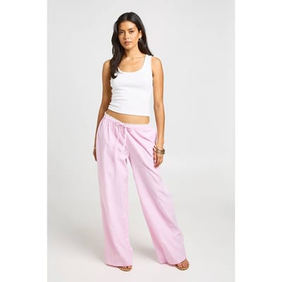 boohoo Dames Katoenen Poplin Gestreepte Broek Met Wijde Pijpen En Kantenrand | Roze | Maat: 44