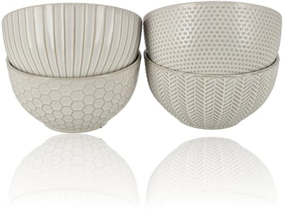 Kommen Set van 4 – Ramen Kommen 700 ml per Kom – Soepkommen Aardewerk – Ontbijtkommen – Keramische Kommen voor Salade, Fruit, Pasta en Snacks – Beige/Wit