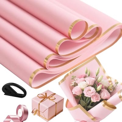Cadeaupapier (met lint en papiersnijder) roze bloemenboeket papier, waterdicht inpakpapier, elegant boeket papier, bloemenpapier voor geschenkverpakkingen, bloemen, kunst
