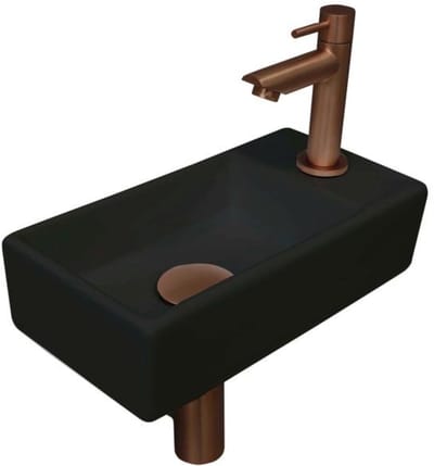 INK - Fonteinpack Porselein Rechts incl. Fonteinkraan - Design Sifon - Design Plug en Montageset - 360x180x90 Mm - Mat Zwart/mat Rose Goud