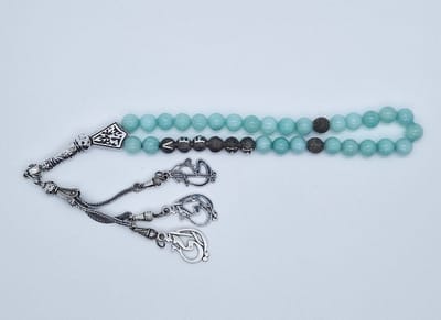 Handgemaakte naam tasbih 33 Kralen Natuursteen “AAA Amazonium” - met metaal tassel “Mijn moeder"- Met je naam of de naam van uw geliefde- 8 mm diameter van de korrel