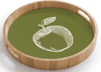 Dienblad rond 40x40 cm - Schootdienblad hout - Lijntekening - Appel - Olijfgroen - Blaadje - Borrelplank rechthoek - Plateau houten dienbladen