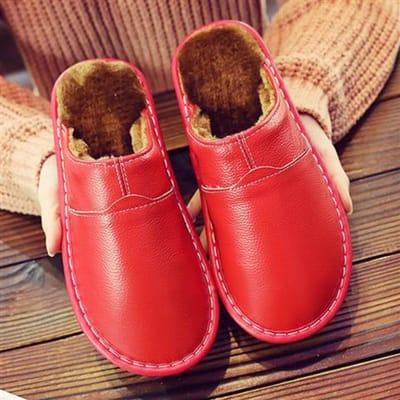 Pantoufles en cuir imperméables en coton pour hommes et femmes, chaussures d'intérieur chaudes et antidérapantes à semelles épaisses en peluche, automne et hiver 39-40 rouge