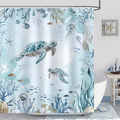 Famanu - Zeeschildpad douchegordijn 180x180 cm, oceaan design, waterdicht polyester, met 12 haken