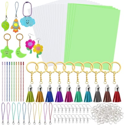 280 Stuks Warmtekrimp Plastic Blad Kit met 4 Luminous Krimp Bladen en 16 Stuks Kunstpapier, Inclusief 260 Stuks Knutselaccessoires voor DIY Sieraden, Ornamenten en Hangers