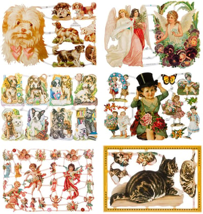 Poëzieplaatjes - 6 vellen - plaatjes - hobby - creatief - decoupage - knutselen - scrapboek - met Poezen - Engelen - Honden