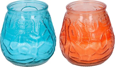 Arti Casa 4x stuks Citronella Lowboy tafelkaarsen 10 cm oranje en blauw glas