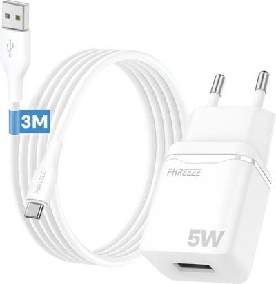 Phreeze usb lader 5V 1A - Usb C naar usb kabel 3m - Usb stekker voor gsm tablet accessoires - Universele usb oplaadblokje 5w