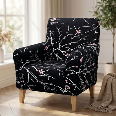 Qelus Fauteuilhoes met Armleuning - Zetelhoes Stretch Universeel - Melkzijde Meubelhoes Stoelhoes - Stoelbeschermer Wasbaar Antislip - Botanische Bloemenprint - Kersenbloesem - 1st.