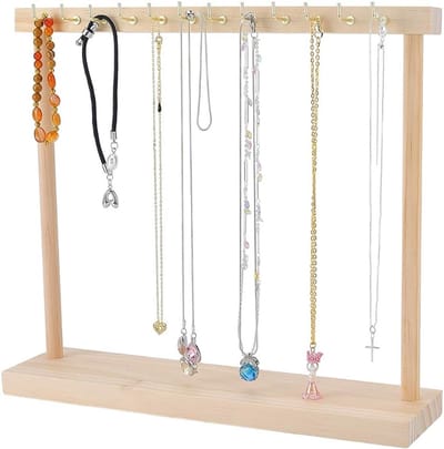 Houten sieradenstandaard met 12 haken voor het ophangen van halskettingen, armbanden en oorbellen, ideaal voor sieradendisplay, 30 x 7,6 x 26,5 cm