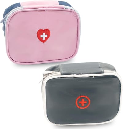 2 stuks Medicine Bag, Oxford Fabric, Comfortable Emergency Medical Bag, Portable Small Medicine Holder, Empty Travel Pharmacy Bag, Square Organizer for Travel, Home, School（roze，grijs）