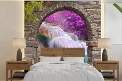 Behang - Fotobehang Bloemen - Regenboog - Waterval - Doorkijk - Breedte 260 cm x hoogte 260 cm