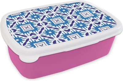 Broodtrommel Roze - Lunchbox - Brooddoos - Vector - Blauw - Tegels - Patronen - 18x12x6 cm - Kinderen - Meisje