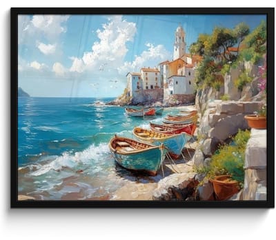 Poster in lijst - Fotolijst 70x50 cm - Posters - Boten - Rotsen - Zee - Zon - Posterlijst zwart - Decoratie - Wanddecoratie woonkamer - Muurdecoratie slaapkamer