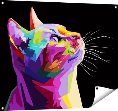 Gards Tuinposter Kleurrijke Kat Kijkt naar Boven - Abstract - 100x80 cm - Tuindoek - Tuindecoratie - Wanddecoratie buiten - Tuinschilderij