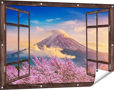 Gards Tuinposter Doorkijk Fuji Berg met Roze Bloesembomen - Bloemen - 120x80 cm - Tuindoek - Tuindecoratie - Wanddecoratie buiten - Tuinschilderij