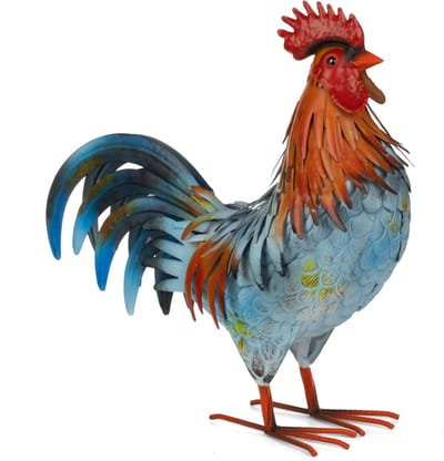 Moritz Decoratieve Haan Blauw-Oranje 46 cm – Levensgroot Kippenbeeld van Handbeschilderd Metaal voor Tuin Terras Balkon en Woonkamer – Tuinbeeld in Landelijke Stijl Vintage met Echte 3D-Veerstructuur en Stabiele Standvoetjes voor Buiten en Binnen