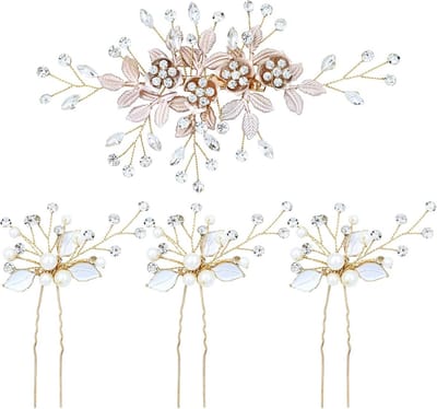 4x Luxe Gouden Bloem Haarspeldjes met Strass en Parelblad Haaraccessoire voor Bruiloft en Feest