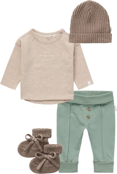 Noppies - Kledingset - 4delig - Broek Jayton Lily Pad - Shirt Jay Sand Melange - Muts Joliet Roebuck - Slofjes Jemison Roebuck - Maat 56